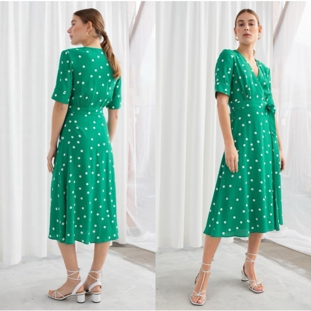 & OTHER STORIES Polka Dot Wrap Green V-neck Mini Dress Sz 0